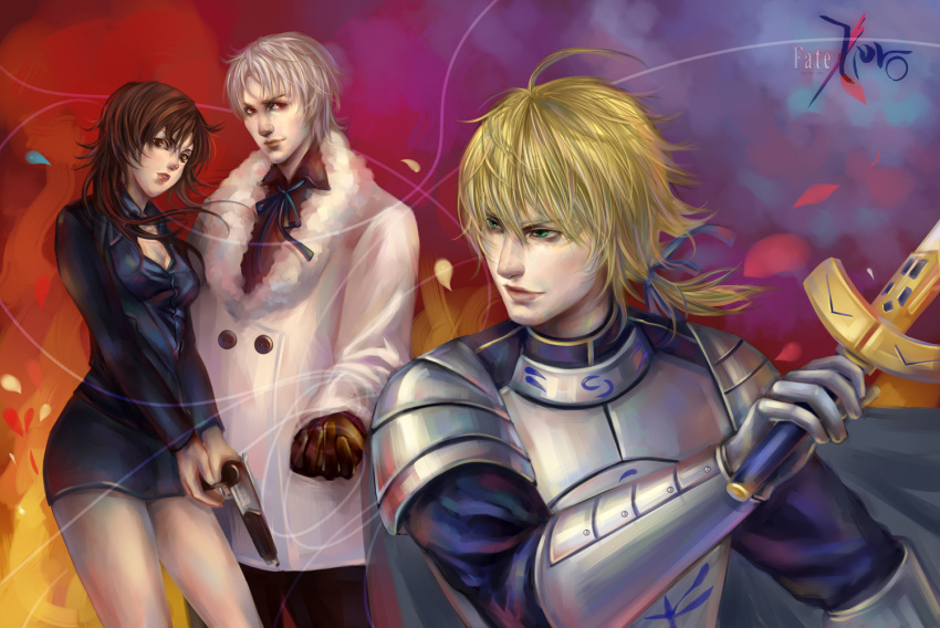 1boy, 2boys, 2girls, ahoge, armor, blonde_hair, brown_eyes, brown_hair