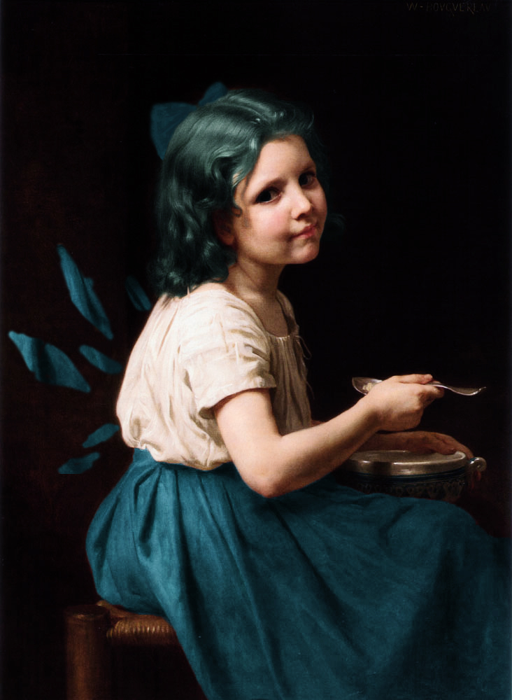_makoizu0727, black_eyes, blue_hair, bow, child, cirno, dark, derivative_work, fine_art_parody, hair_bow, holding, ice, ice_wings, long_skirt, looking_at_viewer, makoizu0727, parody, photoshop, portrait, potrait, realistic, short_hair, sitting, skirt, smile, solo, spoon, touhou, william-adolphe_bouguereau, wings
