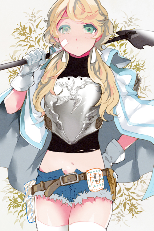 armor, bandaid, belt, blonde_hair, breastplate, cutoffs, denim, denim_shorts, gloves, green_eyes, hair_ribbon, hand_on_hip, hips, holding, jacket, jacket_on_shoulders, long_hair, looking_at_viewer, low_twintails, midriff, navel, nod, open_fly, open_shorts, ribbon, seyfarf, shirt, short_shorts, shorts, shovel, skindentation, solo, sword_girls, thigh-highs, thighhighs, twintails, unzipped, white_gloves, white_legwear, worktool, zettai_ryouiki