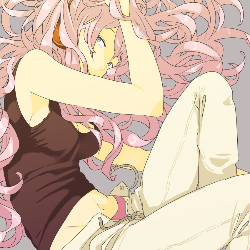 armpits, bad_id, bare_shoulders, blue_eyes, breasts, casual, fukayama_fugin, headphones, highres, long_hair, lying, megurine_luka, navel, on_side, open_fly, open_pants, panties, pants, pink_hair, pink_panties, sideboob, sleeveless, solo, tank_top, underwear, unzipped, vocaloid