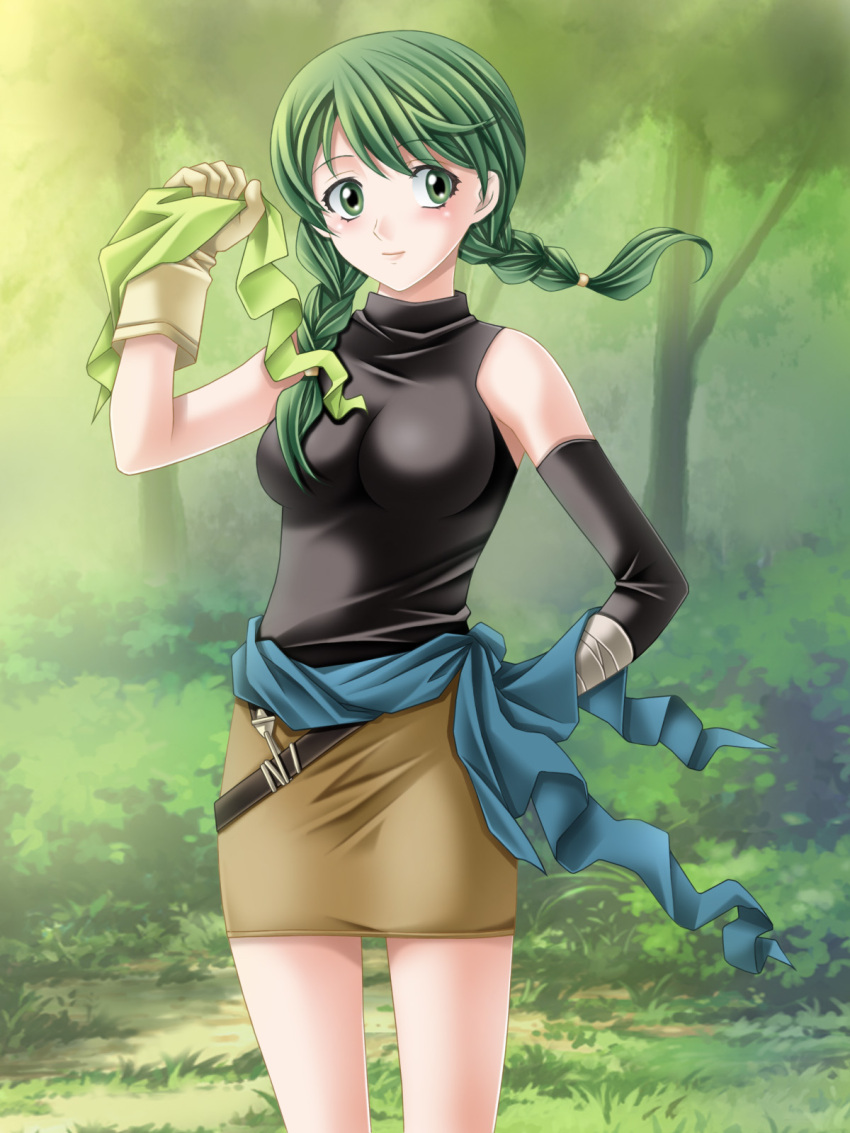 bare_shoulders, braid, breasts, fire_emblem, fire_emblem:_rekka_no_ken, gloves, green_eyes, green_hair