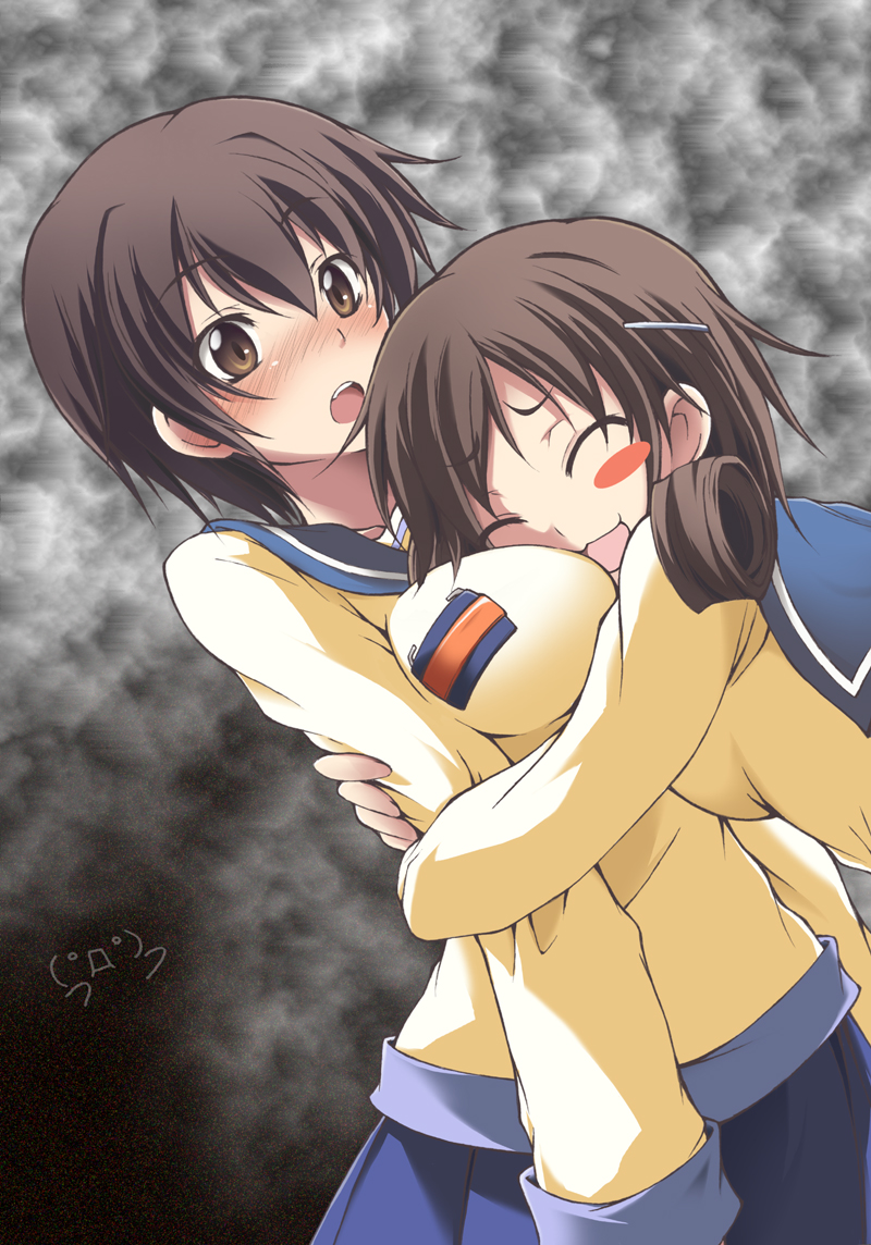 :o, ^_^, between_breasts, blush, blush_stickers, breast_smother, breasts, brown_eyes