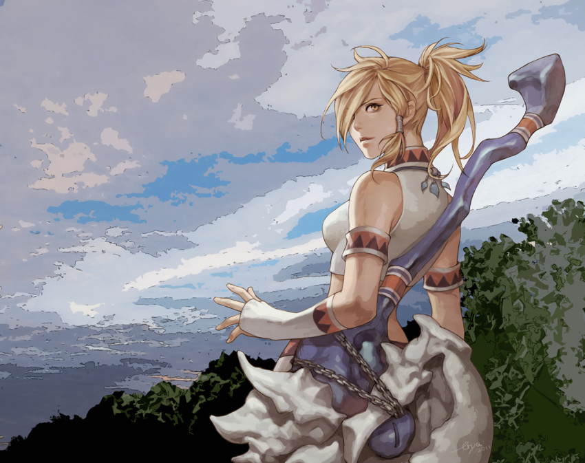 armband, bad_id, blonde_hair, chain, chains, character_request, cloud, detached_sleeves