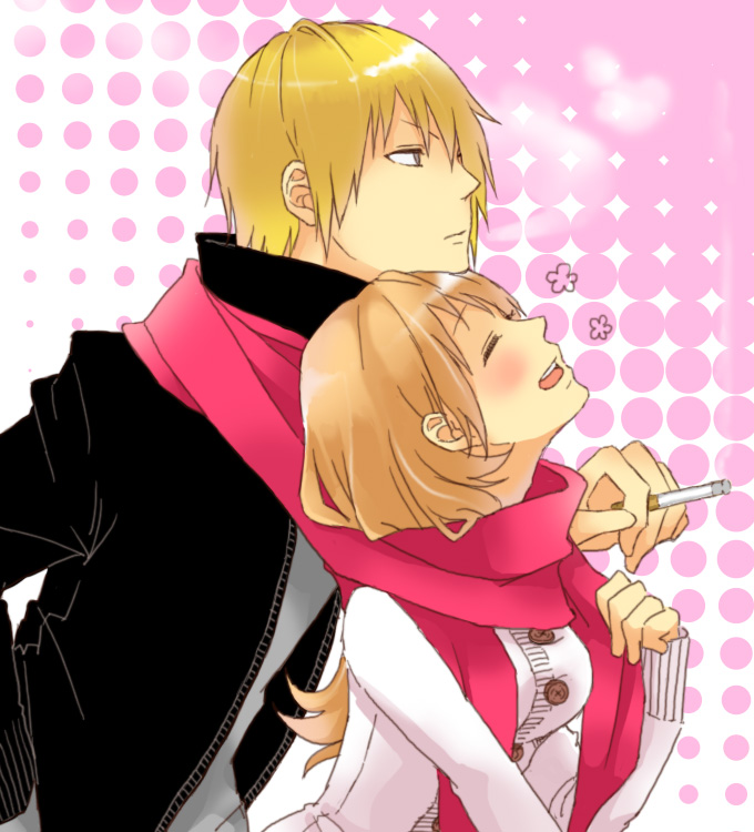 casual, cigarette, closed_eyes, couple, eyes_closed, satou_jun, scarf, shared_scarf, todoroki_yachiyo, working!!, xenon_1005