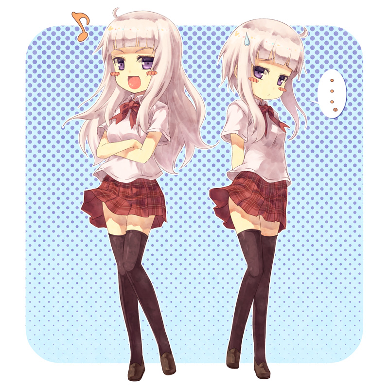 2girls, :d, ben-tou, black_legwear, blush_stickers, bow, crossed_arms, dress_shirt, kouji_(campus_life), loafers, multiple_girls, musical_note, open_mouth, plaid, plaid_skirt, purple_eyes, ribbon, sawagi_kyou_(elder), sawagi_kyou_(older), sawagi_kyou_(younger), shirt, shoes, siblings, silver_hair, sisters, skirt, skirt_lift, smile, sweatdrop, thigh-highs, thighhighs, twins, violet_eyes, wind_lift, zettai_ryouiki