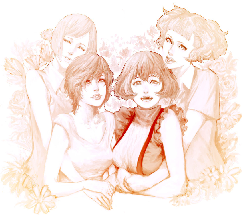 bangs, blunt_bangs, claire_forrest, flower, highres, hug, hug_from_behind, ikeda_masateru