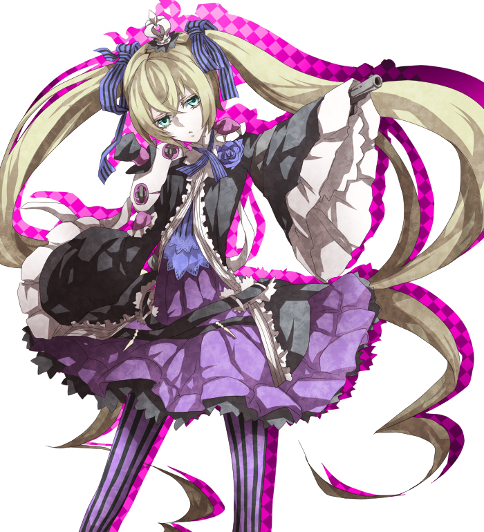 7th_dragon_2020, blonde_hair, dress, gamu, green_eyes, gun, hacker_(7th_dragon), leggings