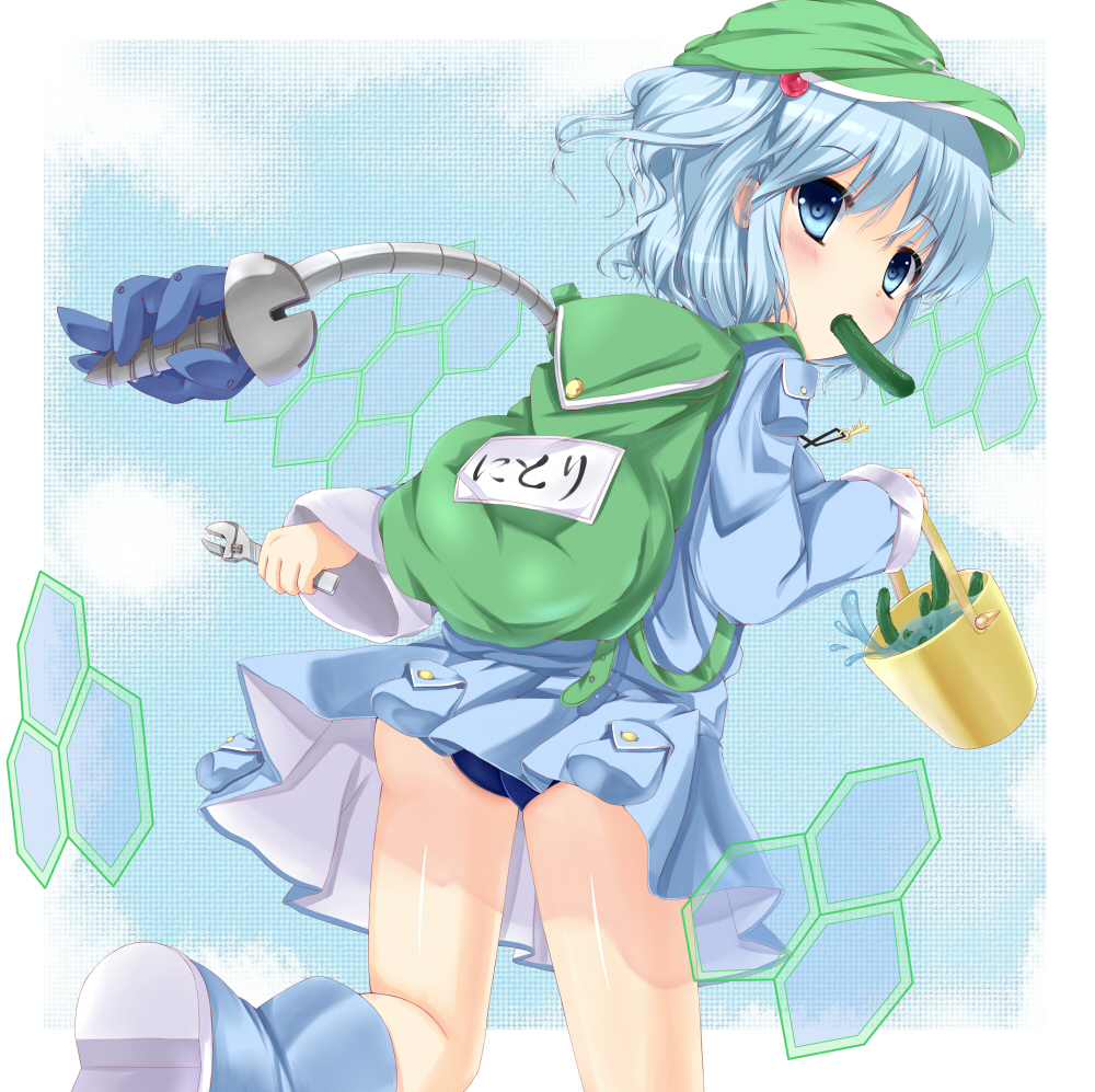 ass, backpack, bag, blue_eyes, blue_hair, bucket, cucumber, fujieda_uduki