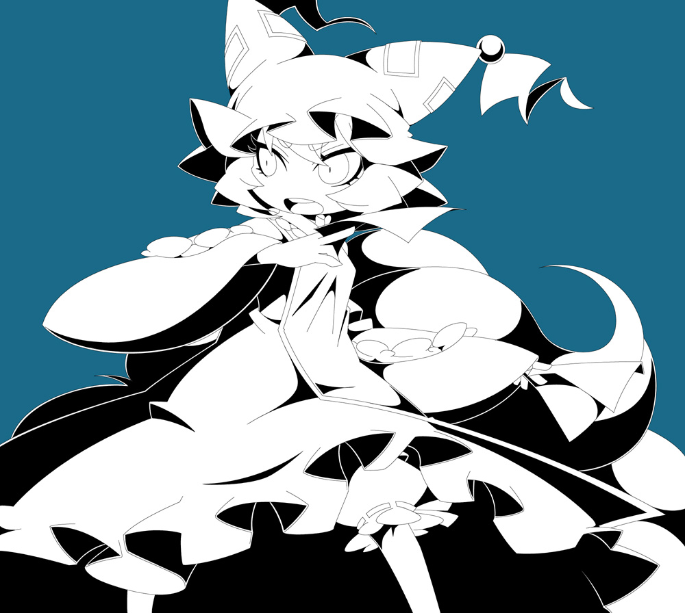 bloomers, blue_background, dress, fighting_stance, fox_tail, hat, high_contrast, monochrome