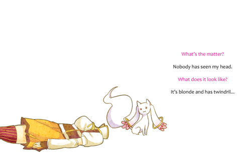 :3, breasts, brown_legwear, comic, corset, detached_sleeves, english, fingerless_gloves, gloves, goldfishu, headless, i_want_my_hat_back, kyubey, lowres, lying, magical_girl, mahou_shoujo_madoka_magica, mami_mogu_mogu, on_back, parody, puffy_sleeves, red_eyes, ribbon, simple_background, skirt, solo, spoilers, taut_shirt, text, thighhighs, tomoe_mami, vertical-striped_legwear, vertical_stripes, white_background, zettai_ryouiki