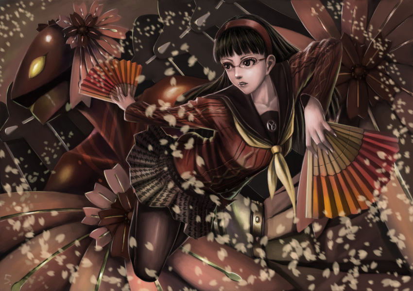 black_eyes, black_hair, control5, dual_wielding, fan, folding_fan, glasses, hairband
