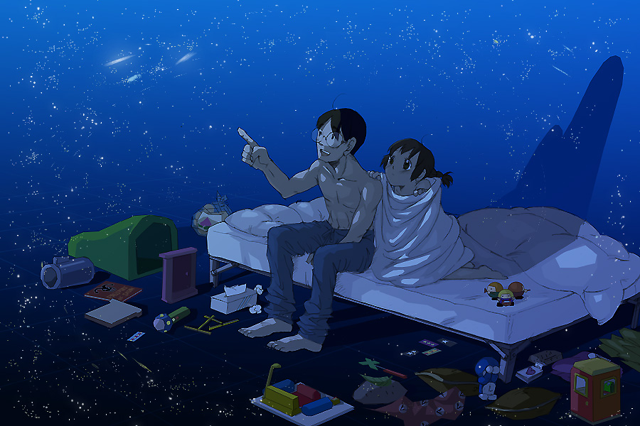 adult, ai-kawa, bed, blanket, braid, brown_eyes, brown_hair, couple, doraemon, glasses, minamoto_shizuka, nobi_nobita, pillow, pointing, star, twin_braids, twintails