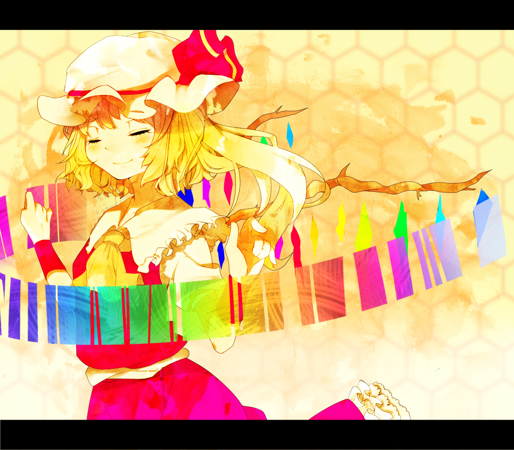 ascot, blonde_hair, closed_eyes, eyes_closed, flandre_scarlet, frills, gradient, hat