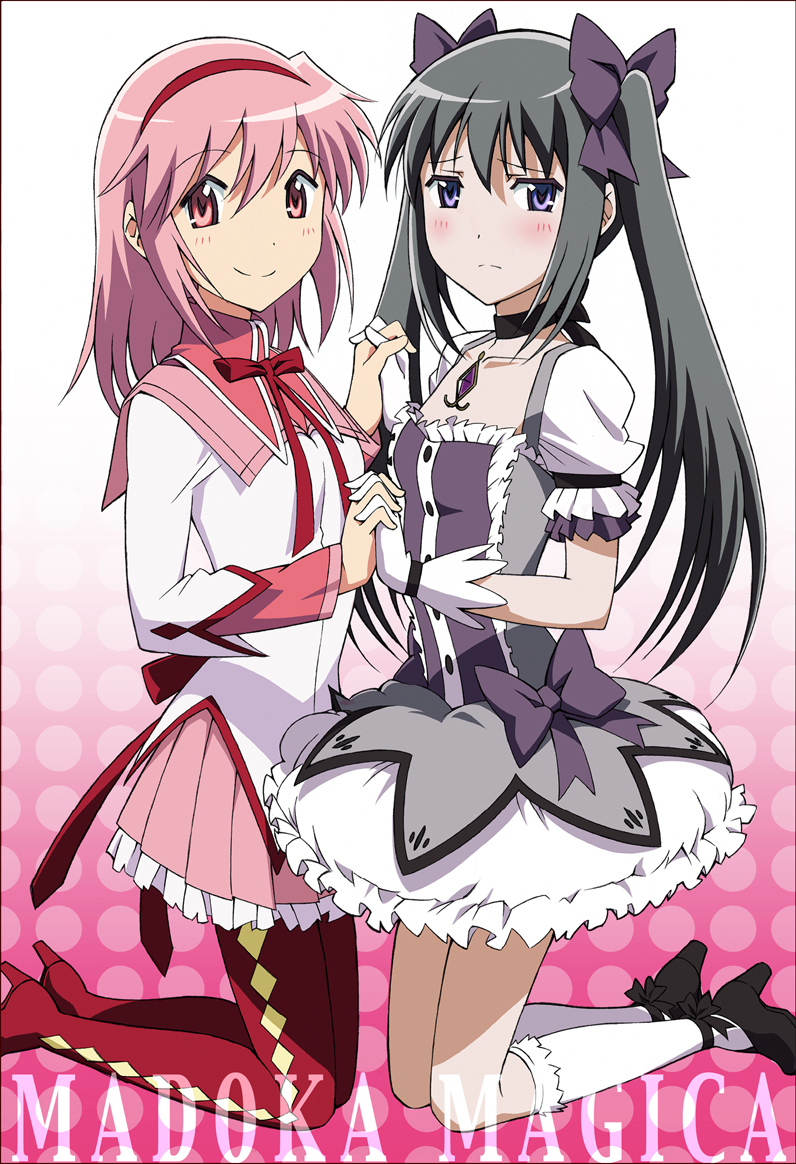akemi_homura, alternate_color, alternate_hairstyle, ayukko_(forest_village), black_hair, blush, bow, bubble_skirt