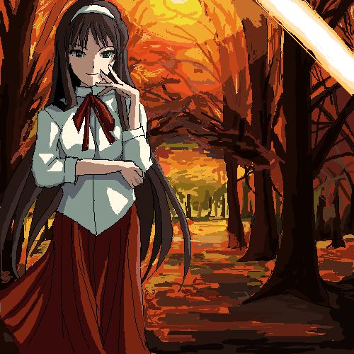 1girl, autumn, black_hair, hairband, hand_on_own_face, liverpool19831121, long_hair, long_skirt