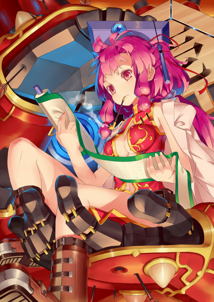 boots, breasts, cleavage, hair_ribbon, hat, holding, jacket_on_shoulders, kiseru