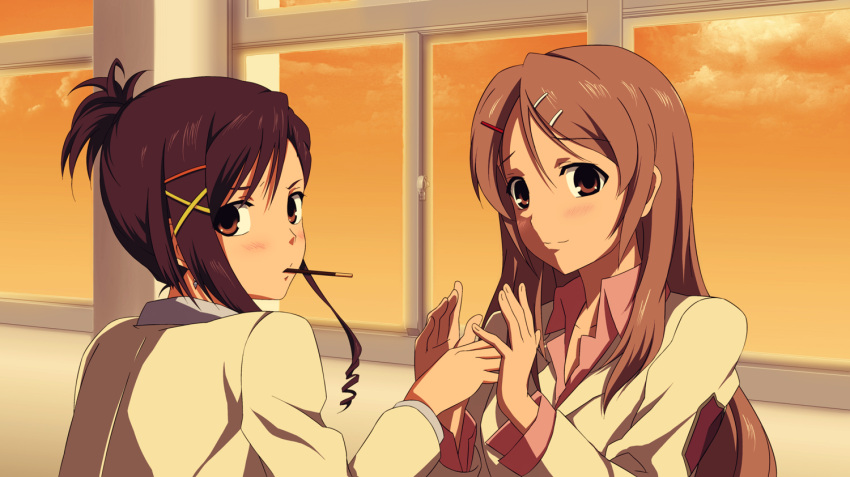 amage_kanade, black_hair, brown_hair, candy_boy, long_hair, multiple_girls, pocky, sakurai_kanade
