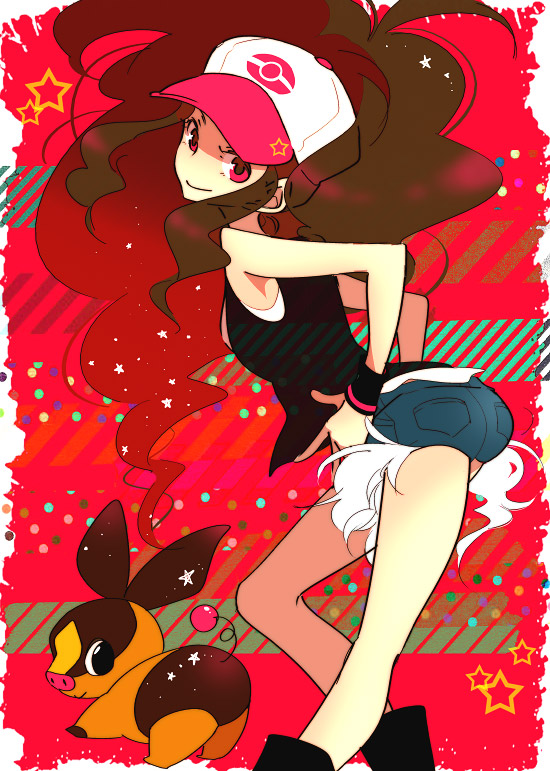 1girl, ass, bare_shoulders, baseball_cap, boots, brown_hair, hands_on_hips, hat, head_tilt, looking_back, mochida_(annie), pink_eyes, pokemon, pokemon_(creature), pokemon_(game), pokemon_black_and_white, pokemon_bw, ponytail, short_shorts, shorts, sleeveless, tepig, touko_(pokemon), vest, wristband