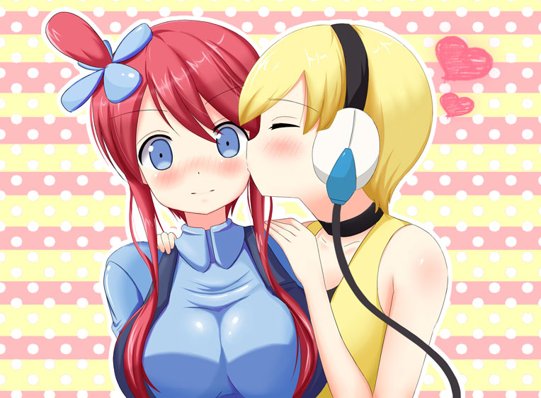 blonde_hair, blue_eyes, blush, breasts, closed_eyes, eyes_closed, fuuro_(pokemon), hair_ornament, heart, kamitsure_(pokemon), kiss, multiple_girls, pokemon, pokemon_(game), pokemon_black_and_white, pokemon_bw, red_hair, redhead, tamago_kago, yuri