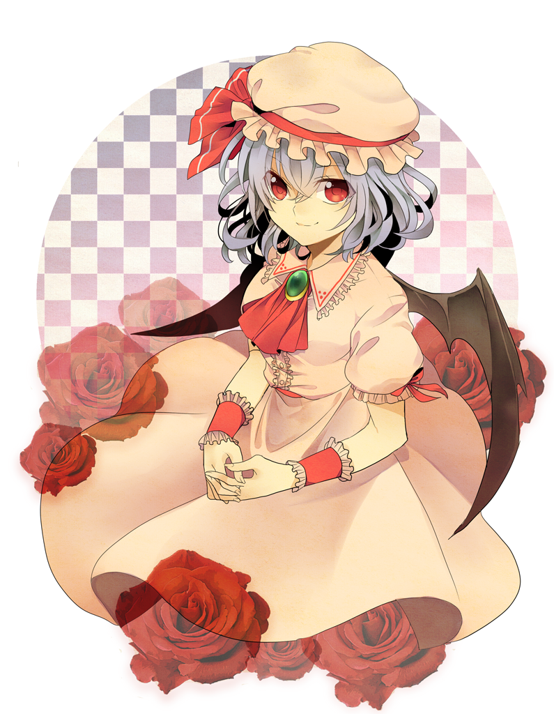 ascot, bat_wings, blue_hair, checkered, checkered_background, dress, flower, hat
