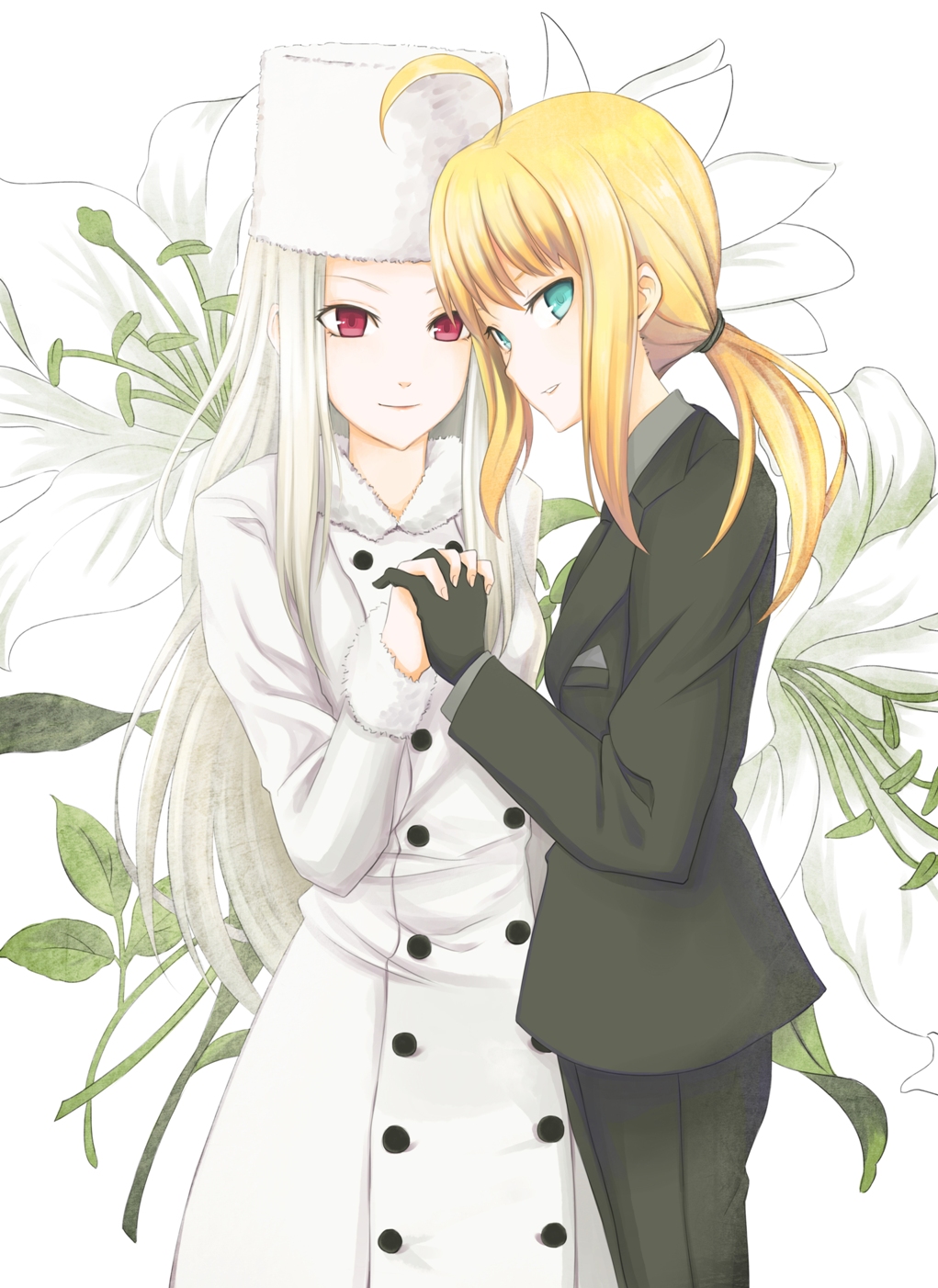 ahoge, black_gloves, blonde_hair, devildogs, fate/stay_night, fate/zero, fate_(series), fingers_clasped