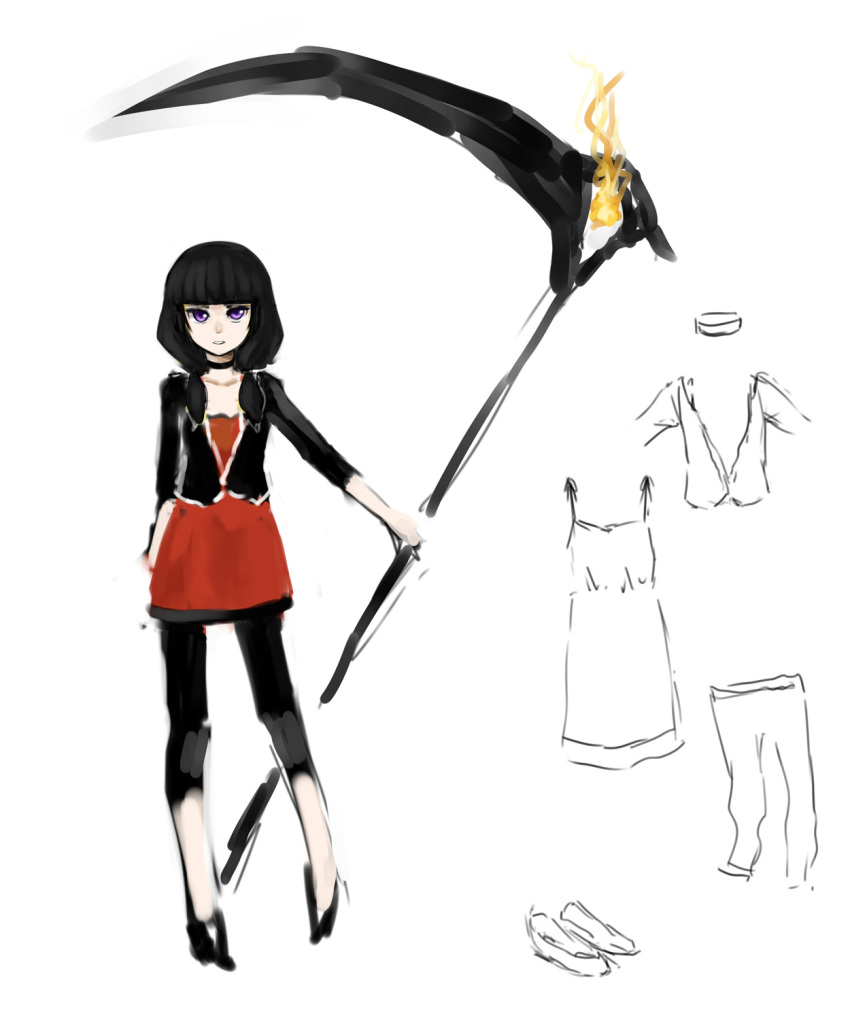 black_hair, choker, concept_art, dress, fire, highres, huge_weapon, jacket, leggings, oniro, original, pas_(paxiti), payot, purple_eyes, scythe, short_hair, sketch, solo, violet_eyes, weapon