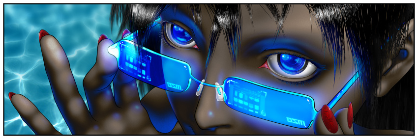 black_hair, blue, blue_eyes, border, close-up, cyborg, dark_skin, eyelashes, face, glasses, highres, holographic_interface, ian_c, ian_chase, long_image, nail_polish, original, pixiv, science_fiction, solo, water, wide_image