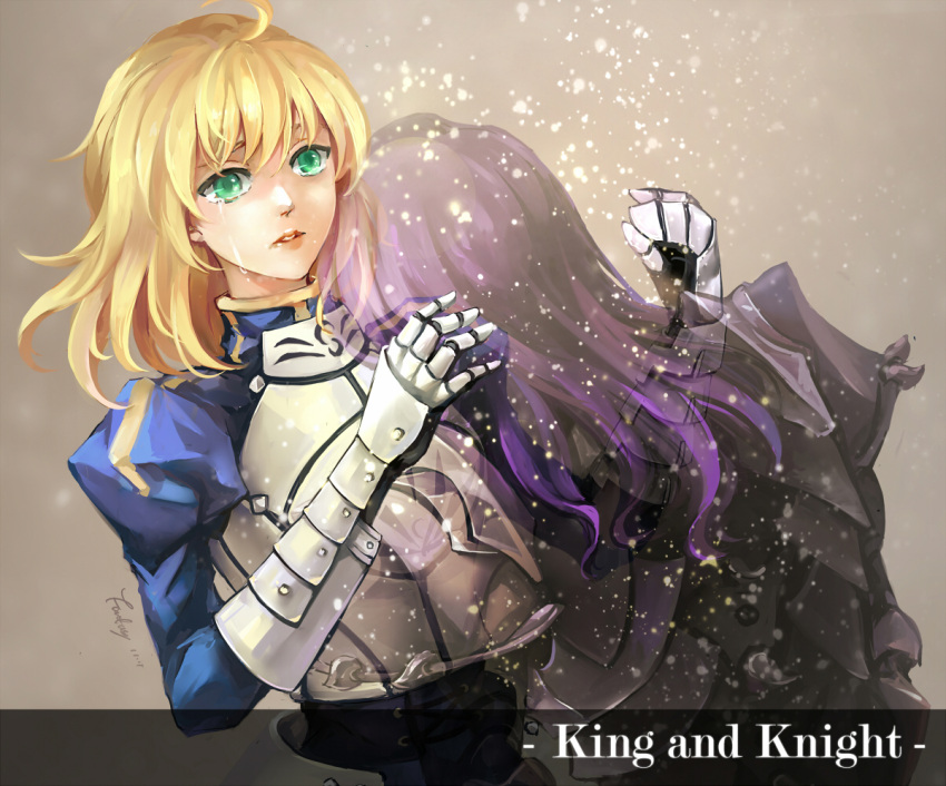 1girl, ahoge, armor, berserker_(fate/zero), blonde_hair, dutch_angle, fading, fantasyxing