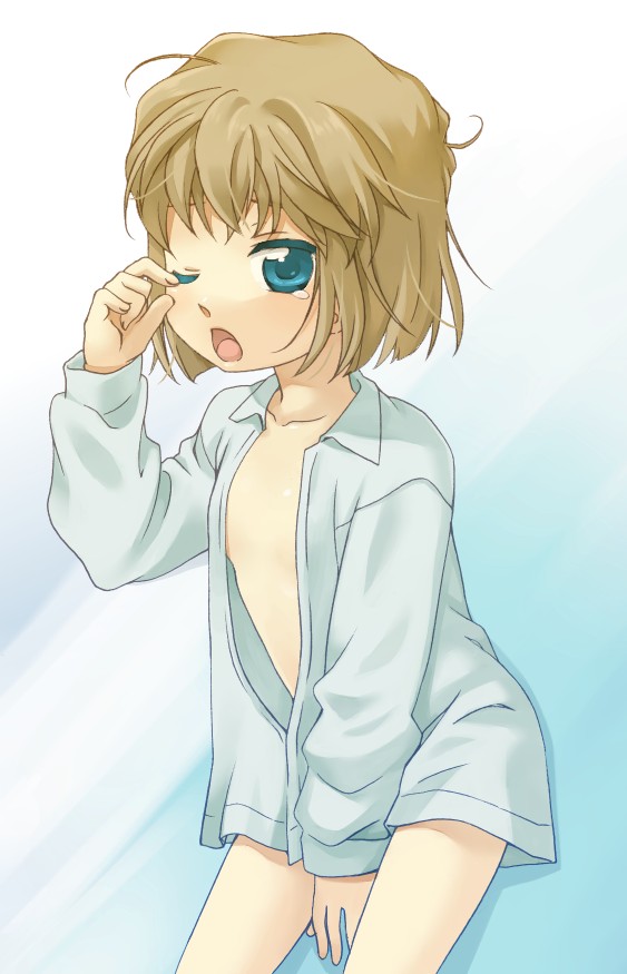 brown_hair, child, detective_conan, haibara_ai, meitantei_conan, open_clothes, open_mouth, open_shirt