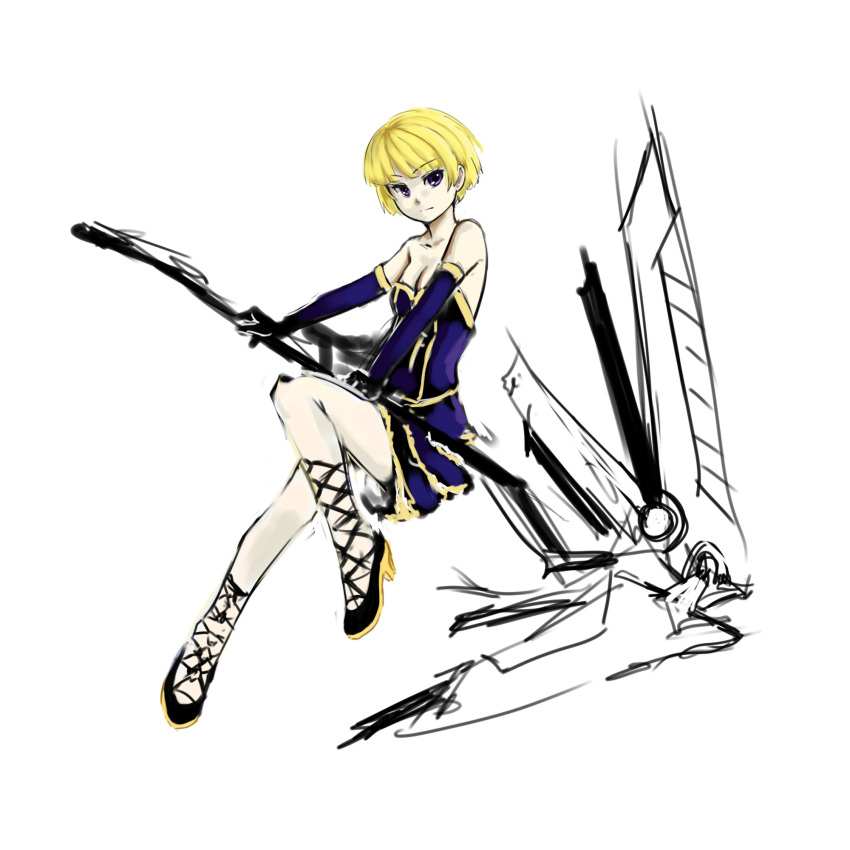 bare_shoulders, blonde_hair, bob_cut, bow_(weapon), breasts, cleavage, corset, cross-laced_sandals