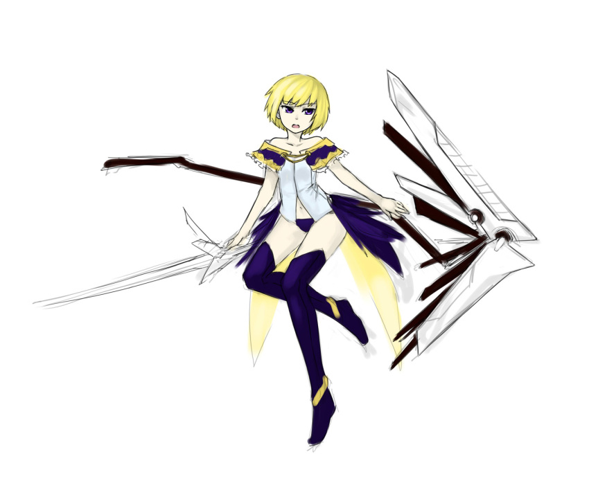 bare_shoulders, blonde_hair, bob_cut, eirene_(oniro), highres, huge_weapon, magical_girl, navel