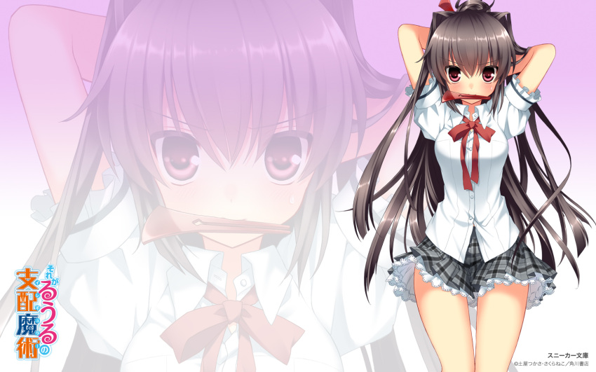 1680x1050, adjusting_hair, arms_behind_head, arms_up, black_hair, blush, character_request, dress_shirt