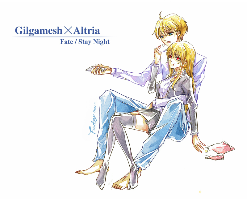 1girl, ahoge, archetype_saber, barefoot, blue_eyes, casual, character_name, chips