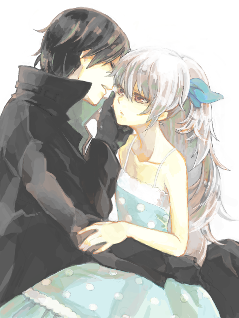 1girl, black_hair, closed_eyes, couple, darker_than_black, dress, hei, kuromu_(artist), kuromu_(kaeru), long_hair, ponytail, silver_hair, sundress, tegaki, trench_coat, trenchcoat, yin