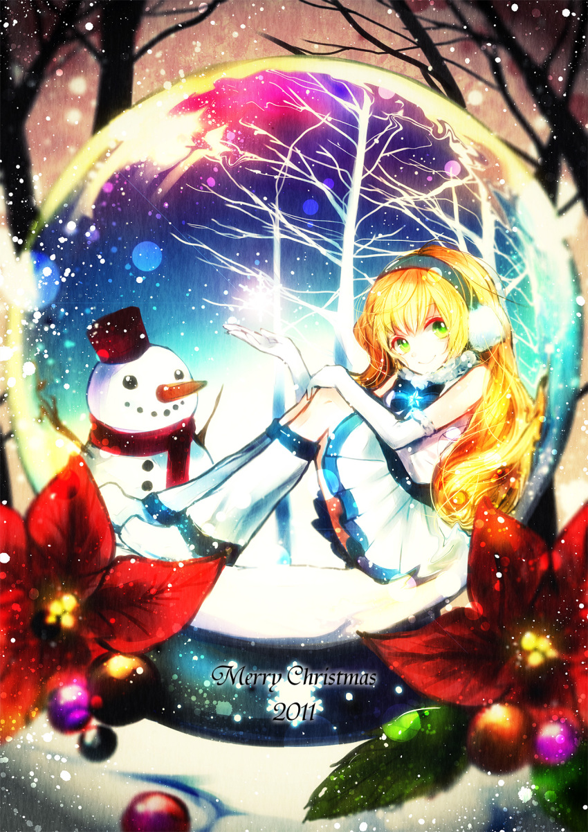 bad_id, blonde_hair, christmas, earmuffs, elbow_gloves, gloves, glowing, green_eyes, highres, leg_warmers, long_hair, merry_christmas, original, sazanami_shione, sitting, skirt, smile, snow, snow_globe, snowflakes, snowing, solo, tree, white_gloves