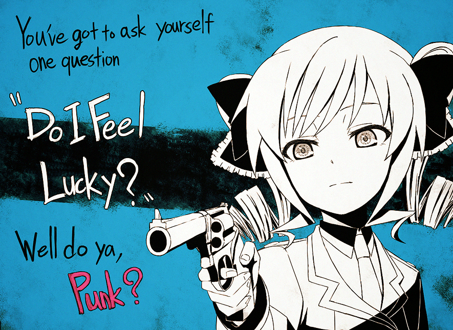 akechi_kokoro, bad_id, bow, dirty_harry, drill_hair, english, face, gun, hair_bow, hair_ribbon, harry_callahan, monochrome, necktie, parody, revolver, saiko_dagashi, solo, tantei_opera_milky_holmes, tie, twin_drills, uniform, weapon