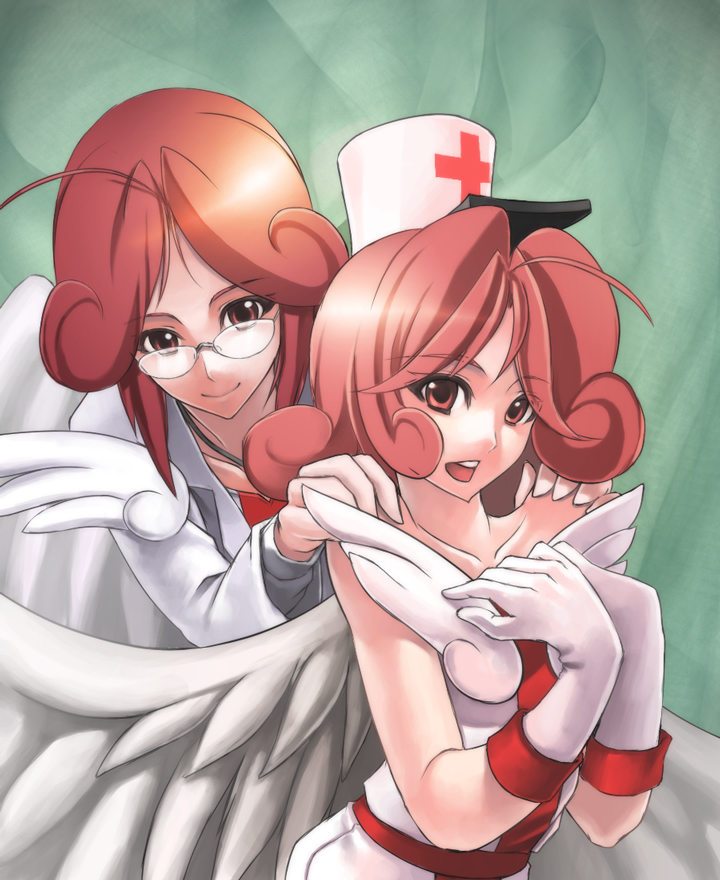 2girls, ahoge, angel_wings, counselor_lily, duel_monster, glasses, gloves, hat