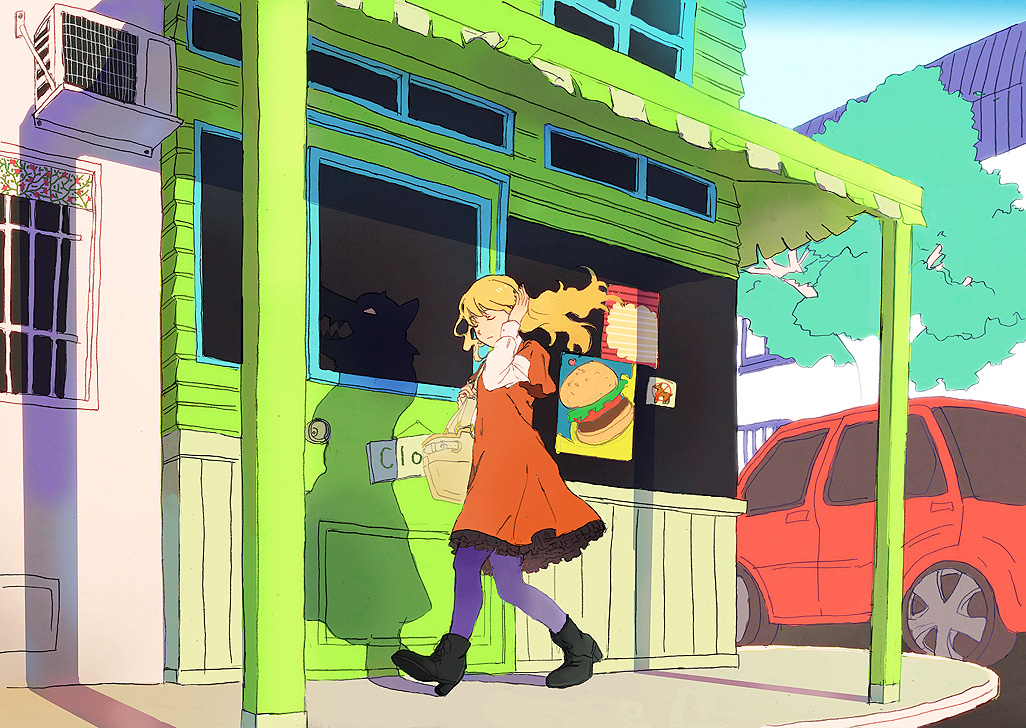 air_conditioner, animal_head, bad_id, bag, blonde_hair, boots, building, car, closed_eyes, different_shadow, door, dress, dual_persona, eyes_closed, food, frills, hamburger, high_heels, long_hair, motor_vehicle, orange_dress, original, pantyhose, poster, poster_(object), purple_legwear, shadow, shoes, shop, short_dress, sidewalk, sign, tree, vehicle, walking, wind, window, wolf, yamano_(araara), yamano_(sokonashi)