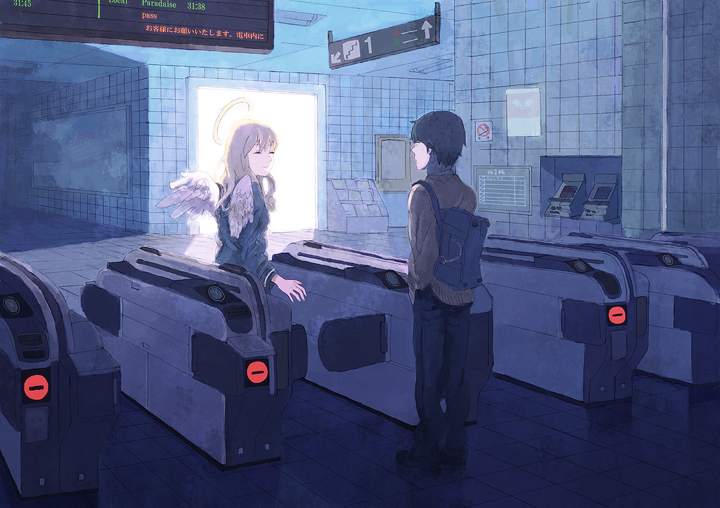 1girl, angel, angel_wings, bag, black_hair, blonde_hair, cardigan, closed_eyes, eyes_closed, fare_gate, halo, hands_in_pockets, light_smile, long_hair, original, school_bag, school_uniform, short_hair, sign, standing, train_station, wings, yamano_(araara), yamano_(sokonashi)