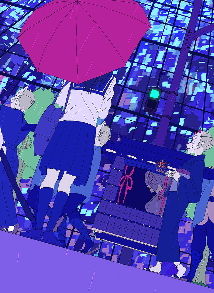 black_hair, black_legwear, dutch_angle, flat_color, fox_mask, from_behind, geta, hair_bun