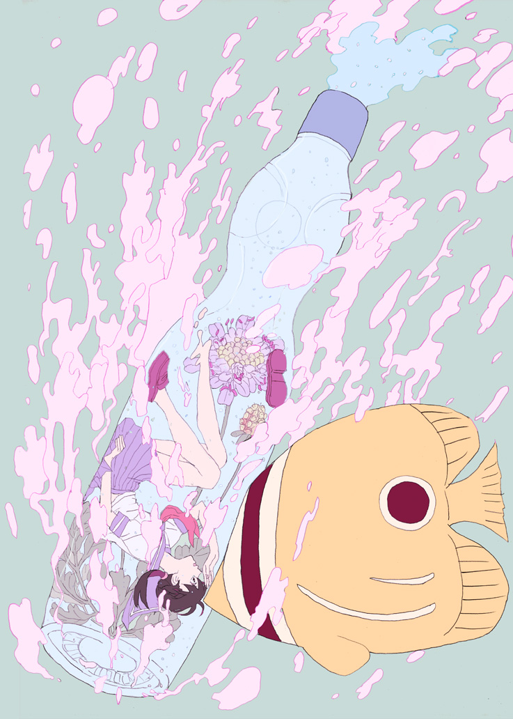 bare_legs, black_hair, bottle, dissolving, fish, flat_color, flower, girl_in_a_bottle