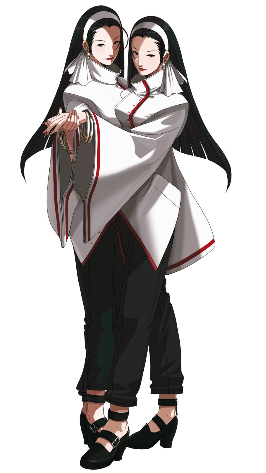 antenna_hair, bangle, black_hair, bracelet, earrings, falcoon, fingernails, forehead, hairband, hand_holding, high_heels, highres, holding_hands, jewelry, kagura_chizuru, kagura_maki, king_of_fighters, king_of_fighters_2003, lips, lipstick, long_fingernails, long_hair, makeup, multiple_girls, nail_polish, official_art, shoes, siblings, sisters, snk, turtleneck, twins, wide_sleeves