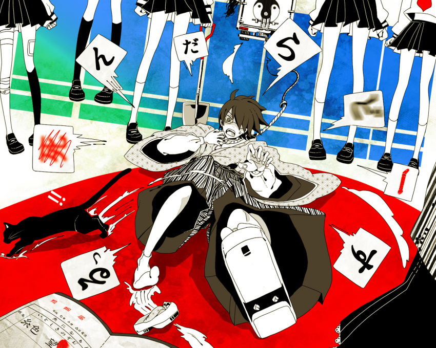 bandage, bandages, bird, black_cat, black_cat_(animal), black_hair, cat, despair, dragging, emperor_penguin, foreshortening, geta, glasses, hakama, head_out_of_frame, itoshiki_nozomu, japanese_clothes, kimono, kitsu_chiri, kobushi_abiru, kurata_(mosupyon), legs, motor_vehicle, multiple_girls, noose, open_mouth, outstretched_arm, partially_colored, penguin, perspective, reaching, rope, sayonara_zetsubou_sensei, scared, school_uniform, serafuku, shovel, single_shoe, skirt, tabi, text, translated, translation_request, truck, unmoving_pattern, vehicle, worktool