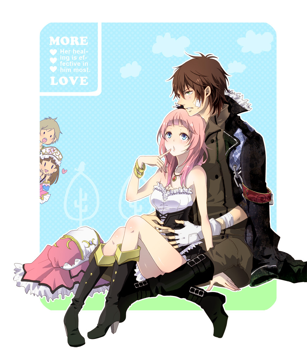 2girls, arms_around_waist, atelier_(series), atelier_totori, bad_id, bare_shoulders, blue_eyes, boots