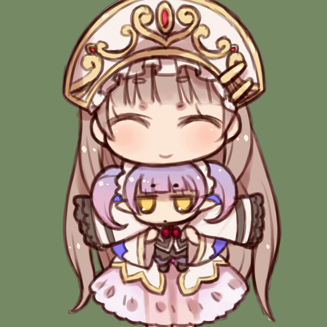 atelier_(series), atelier_totori, brown_hair, chibi, chimu_(atelier_totori), closed_eyes, hat, holding, long_hair, multiple_girls, purple_hair, smile, tank_(artist), totooria_helmold, twintails, yellow_eyes