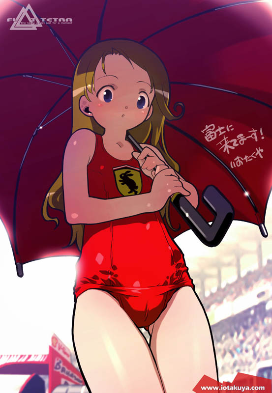 :o, blonde_hair, blue_eyes, ferrari, io_takuya, long_hair, one-piece_swimsuit, race_queen, red_school_swimsuit, school_swimsuit, solo, swimsuit, umbrella