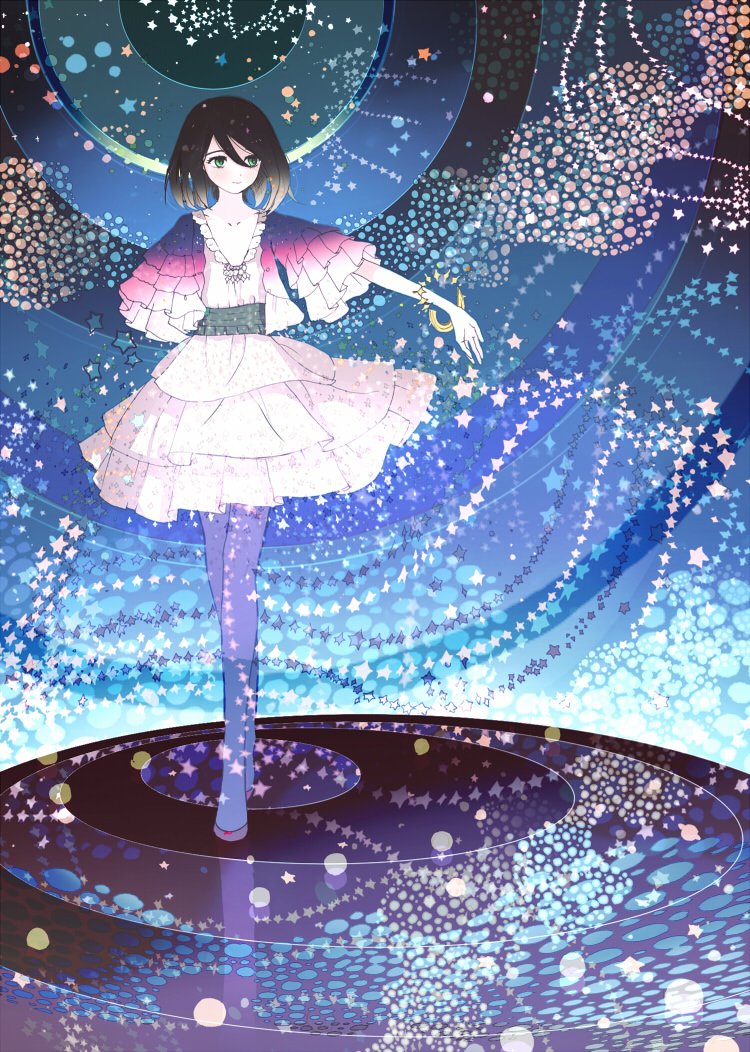 arm_behind_back, black_hair, blush, brown_eyes, brown_hair, collarbone, crossed_legs_(standing), dress