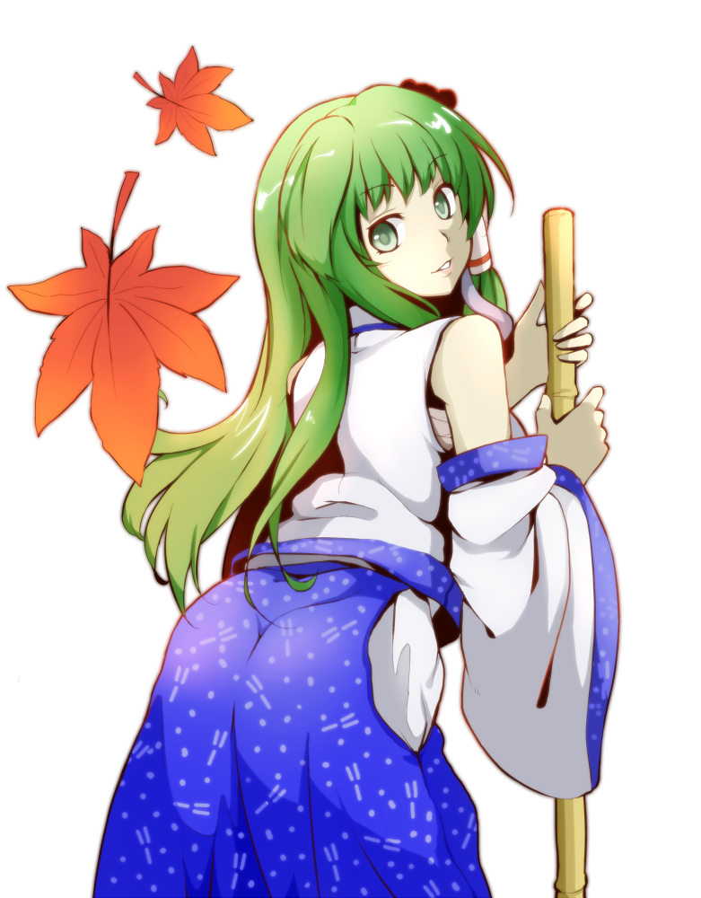 ass, bare_shoulders, broom, detached_sleeves, from_behind, green_eyes, green_hair, hakama
