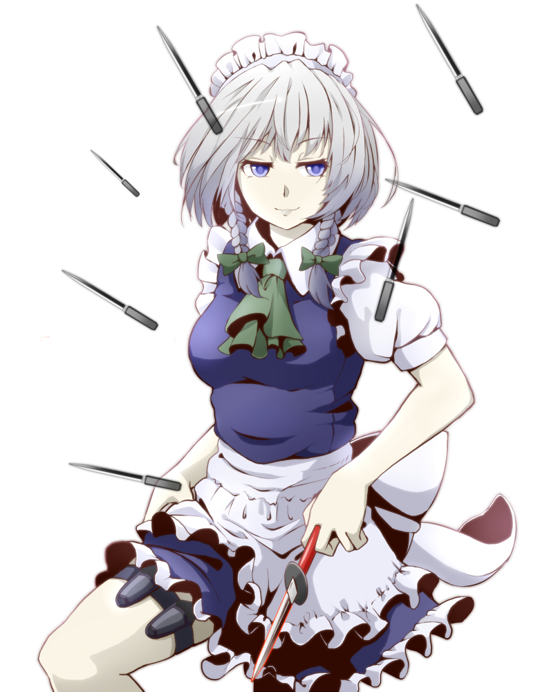 apron, ascot, between_fingers, blue_eyes, bow, braid, flat_gaze, gradient_hair