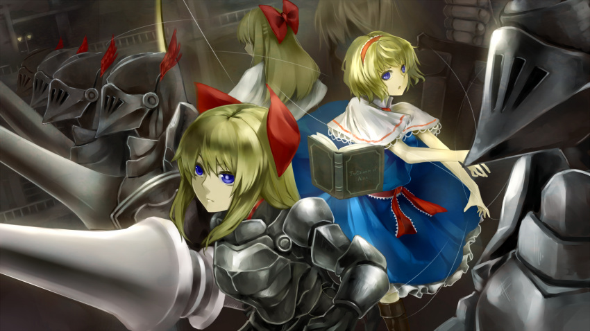 alice_margatroid, armor, blonde_hair, blue_eyes, book, bow, capelet, floating_object